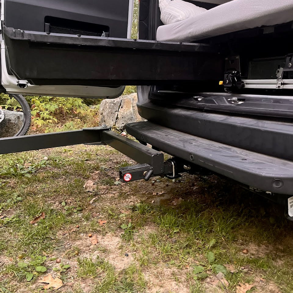 The Lolo Racks Boss Swingout System is great for Sprinter vans and Transit vans. Will clear most optional steps.