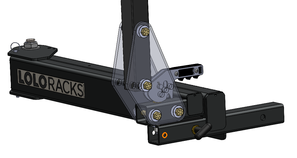 Heavy duty closing action directly at the load path. This is much stronger than any toggle clamp. Lolo Racks Boss Swing out.
